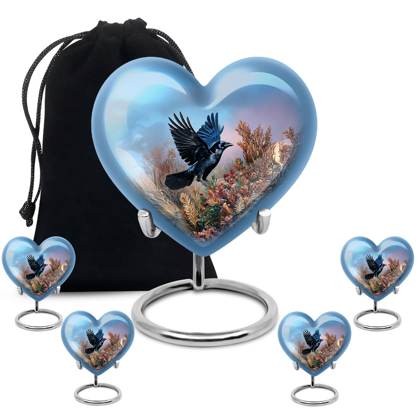 Misty Blue Crow Cremation Urn close-up of engraving and surface detail - heart-shaped crow design symbolizing eternal love - memorial set with one large and four small urns