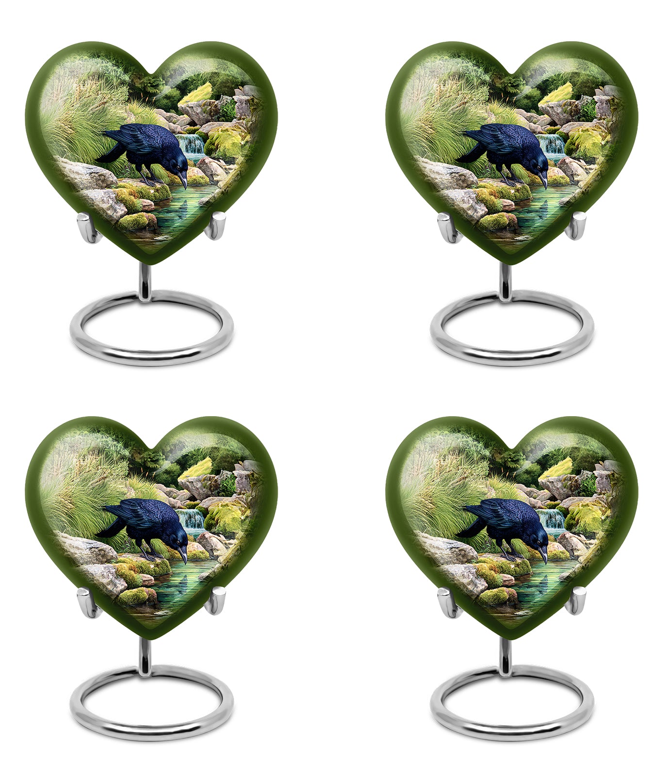 Hunter Green Crow Cremation Urn angled view of lid and engraved motif - compassionate heart-crow combination with gentle curves - 10 inch aluminum urn for cremated remains
