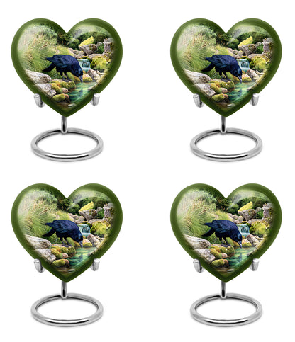 Hunter Green Crow Cremation Urn angled view of lid and engraved motif - compassionate heart-crow combination with gentle curves - 10 inch aluminum urn for cremated remains