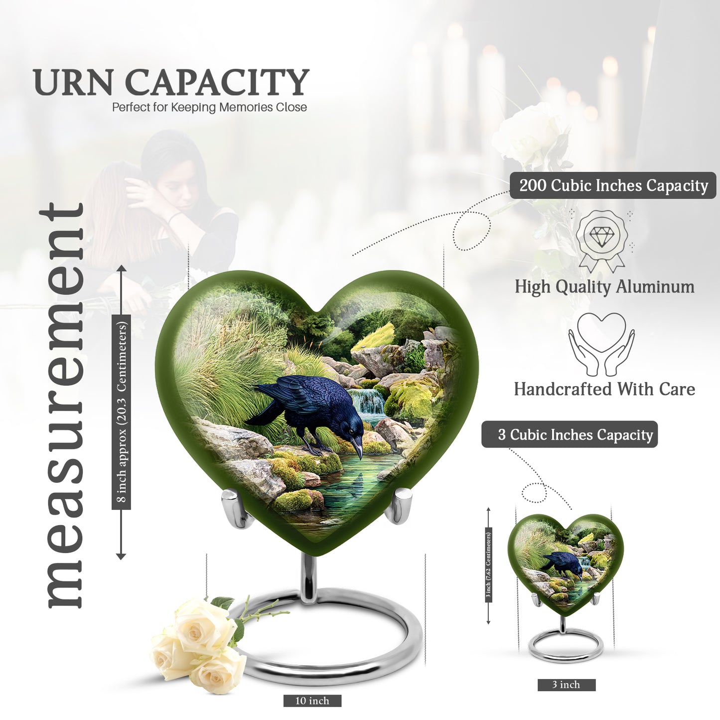 Mint Green Crow Cremation Urn front view showing detailed design - compassionate heart-crow combination with gentle curves - mini keepsake memorial for portion of cremation ashes