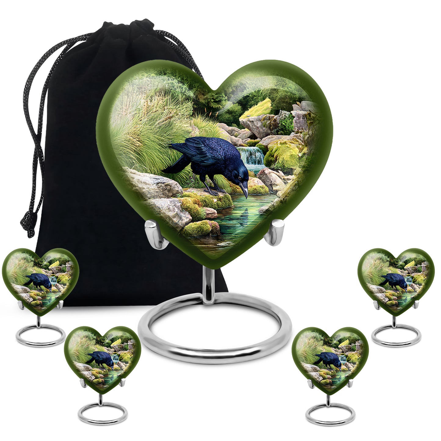 Emerald Green Crow Cremation Urn close-up of engraving and surface detail - loving heart memorial featuring crow pattern - memorial set with one large and four small urns