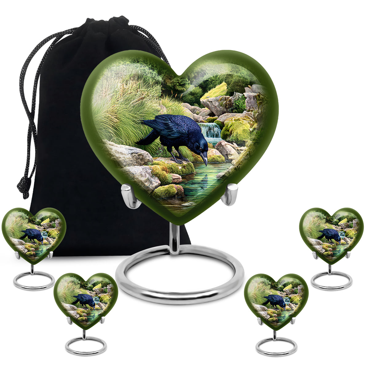 Emerald Green Crow Cremation Urn close-up of engraving and surface detail - loving heart memorial featuring crow pattern - memorial set with one large and four small urns