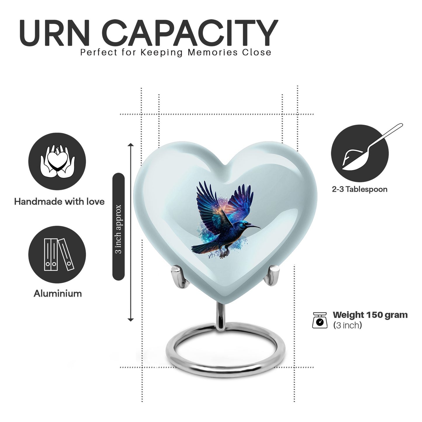 Frosted Silver Crow Cremation Urn front view showing detailed design - romantic heart urn with crow motif on aluminum - mini keepsake memorial for portion of cremation ashes