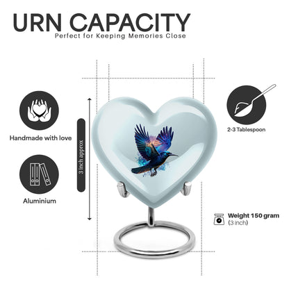 Frosted Silver Crow Cremation Urn front view showing detailed design - romantic heart urn with crow motif on aluminum - mini keepsake memorial for portion of cremation ashes