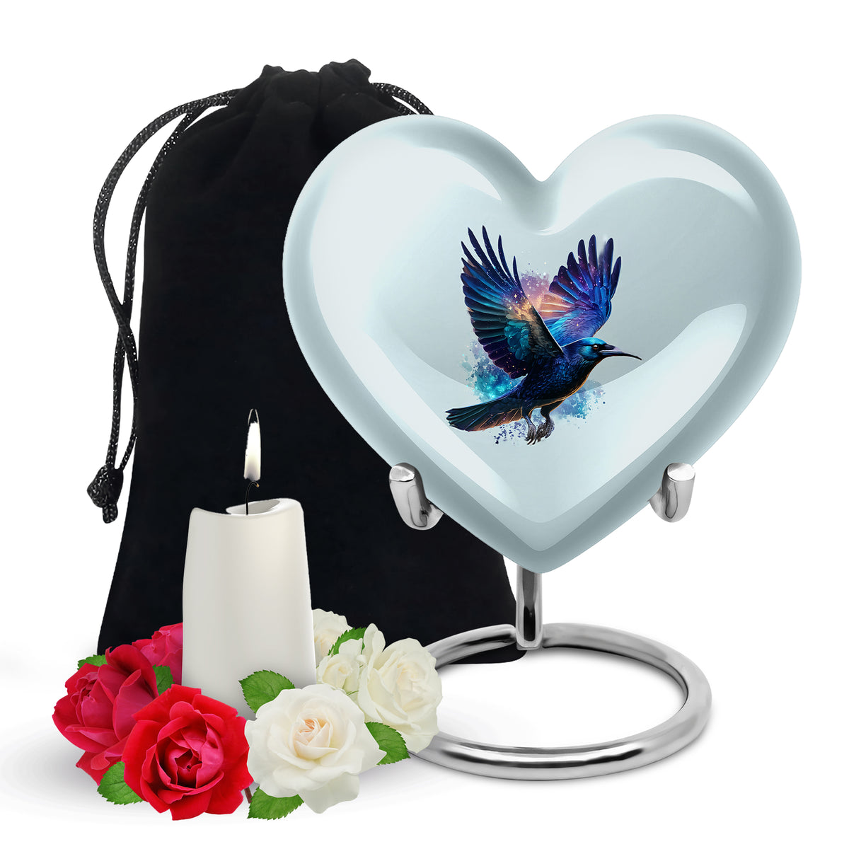 Antique Silver Crow Cremation Urn detail view - romantic heart urn with crow motif on aluminum - full-size 10 inch 200 cubic inch adult cremation urn