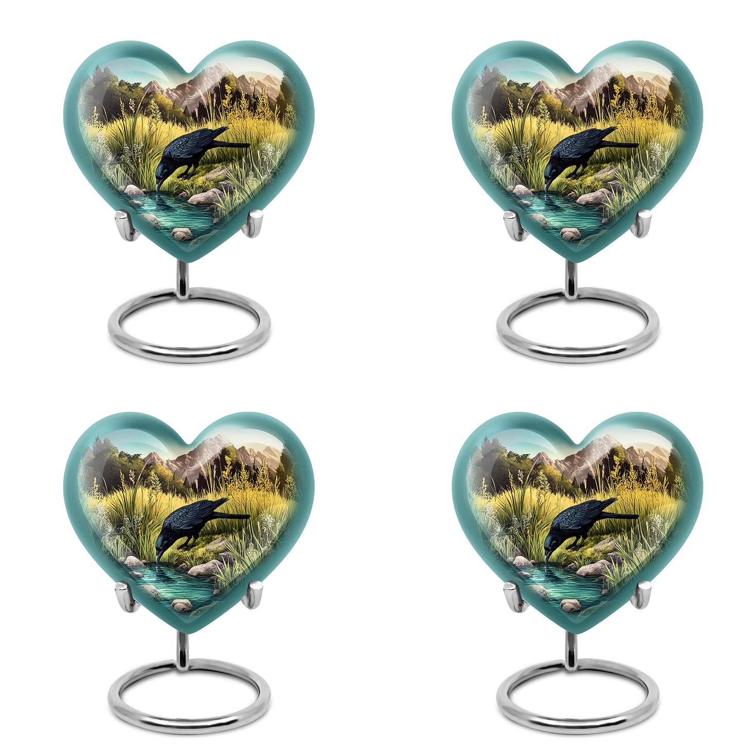 Sea Green Teal Crow Cremation Urn angled view of lid and engraved motif - heart-shaped crow design symbolizing eternal love - 10 inch aluminum urn for cremated remains