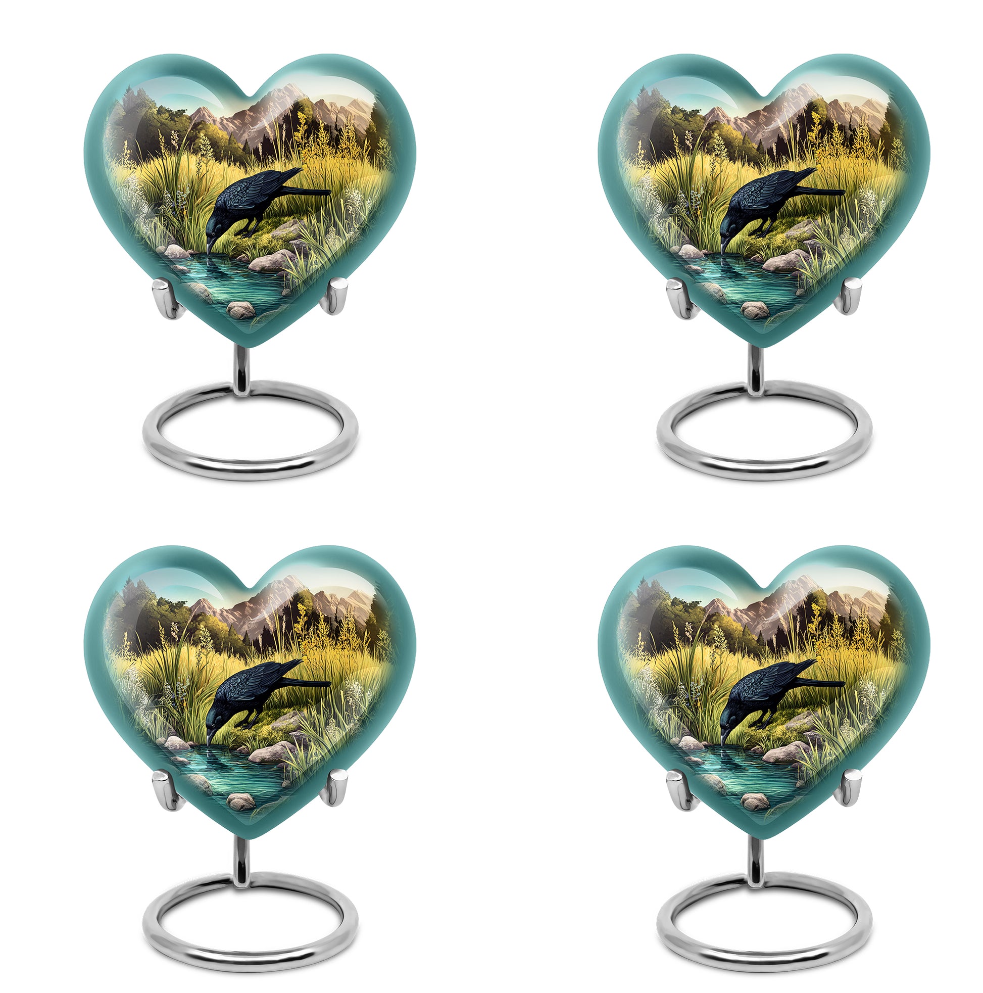 Sea Green Teal Crow Cremation Urn angled view of lid and engraved motif - heart-shaped crow design symbolizing eternal love - 10 inch aluminum urn for cremated remains