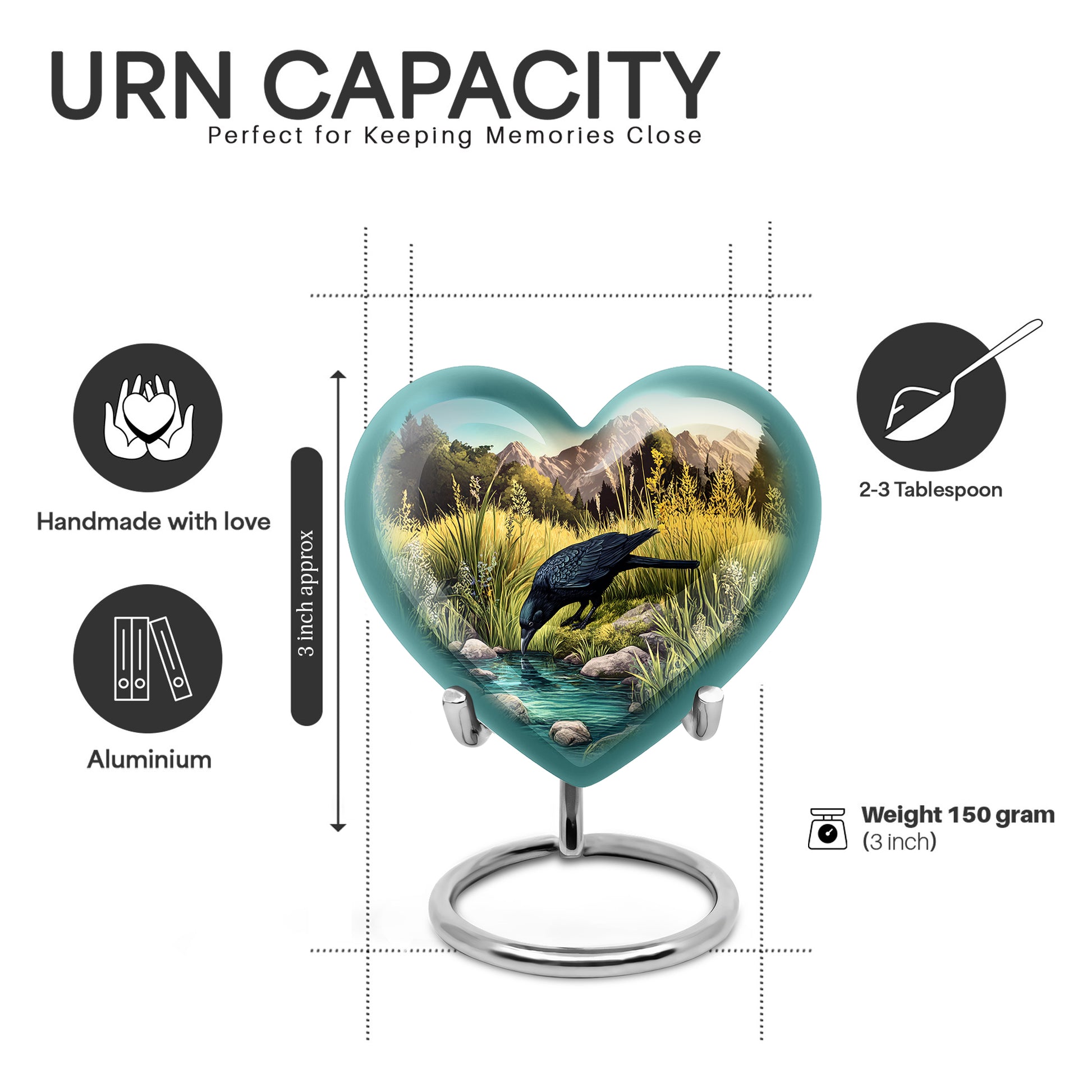 Mystic Teal Crow Cremation Urn front view showing detailed design - compassionate heart-crow combination with gentle curves - mini keepsake memorial for portion of cremation ashes