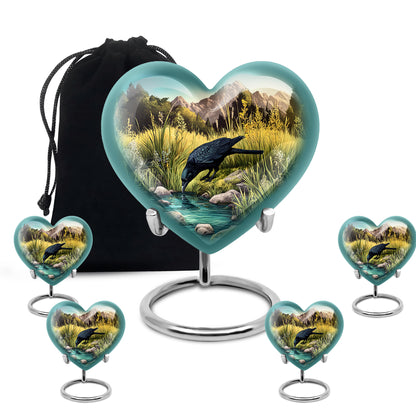 Mystic Teal Crow Cremation Urn close-up of engraving and surface detail - compassionate heart-crow combination with gentle curves - memorial set with one large and four small urns