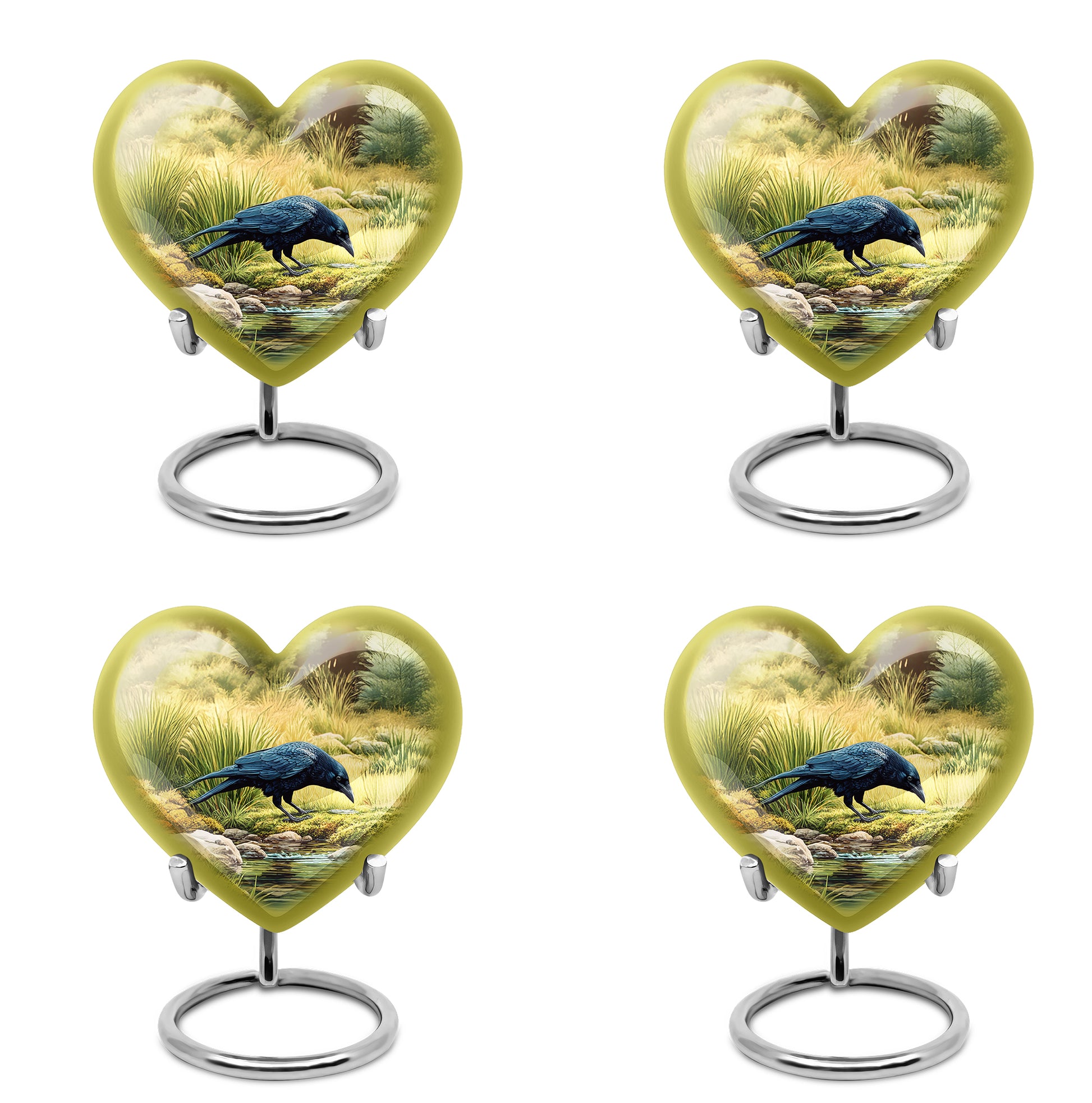 Warm Gold Crow Cremation Urn angled view of lid and engraved motif - romantic heart urn with crow motif on aluminum - 10 inch aluminum urn for cremated remains