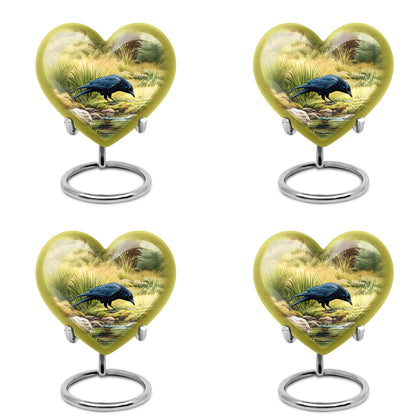 Warm Gold Crow Cremation Urn angled view of lid and engraved motif - romantic heart urn with crow motif on aluminum - 10 inch aluminum urn for cremated remains