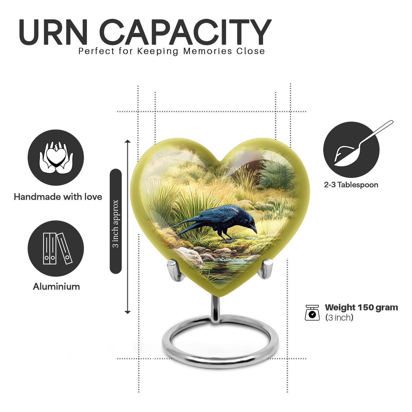 Champagne Gold Crow Cremation Urn front view showing detailed design - loving heart memorial featuring crow pattern - mini keepsake memorial for portion of cremation ashes