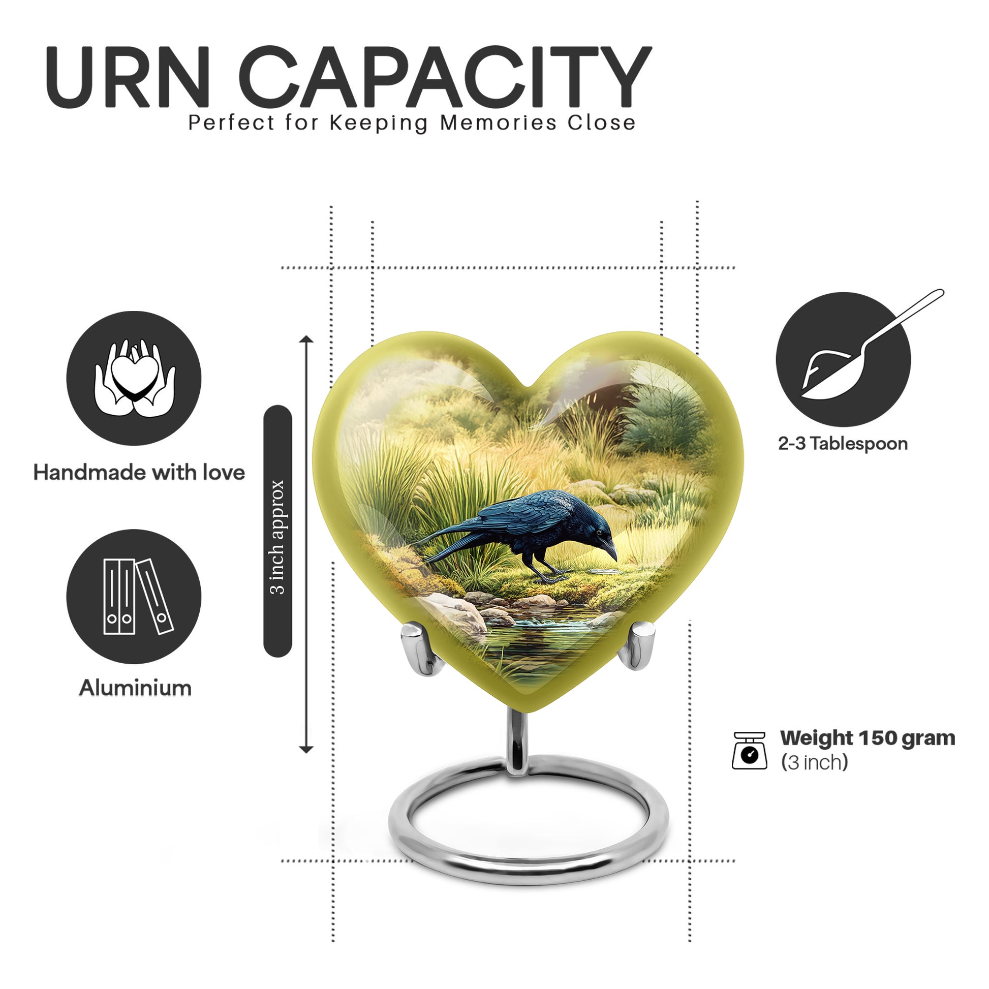 Champagne Gold Crow Cremation Urn front view showing detailed design - loving heart memorial featuring crow pattern - mini keepsake memorial for portion of cremation ashes
