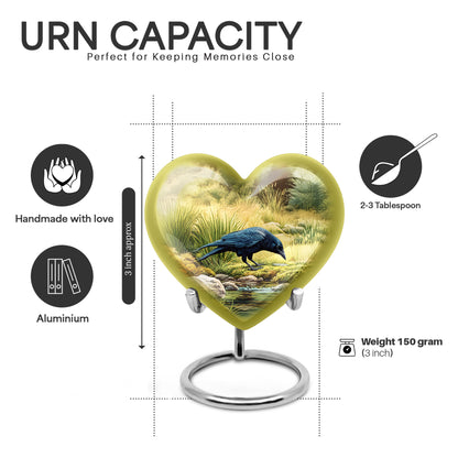Champagne Gold Crow Cremation Urn front view showing detailed design - loving heart memorial featuring crow pattern - mini keepsake memorial for portion of cremation ashes
