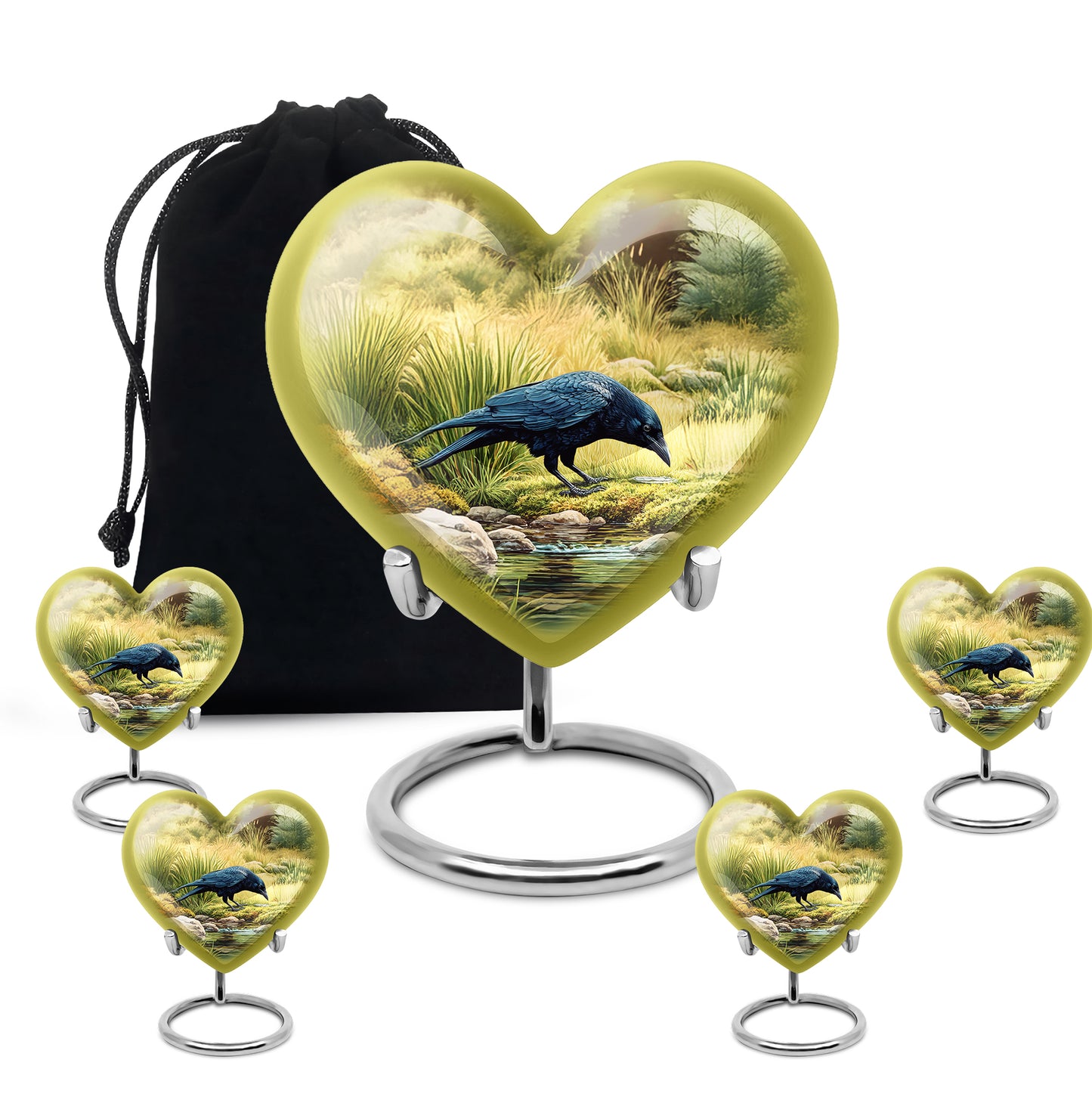 Burnished Gold Crow Cremation Urn close-up of engraving and surface detail - romantic heart urn with crow motif on aluminum - memorial set with one large and four small urns