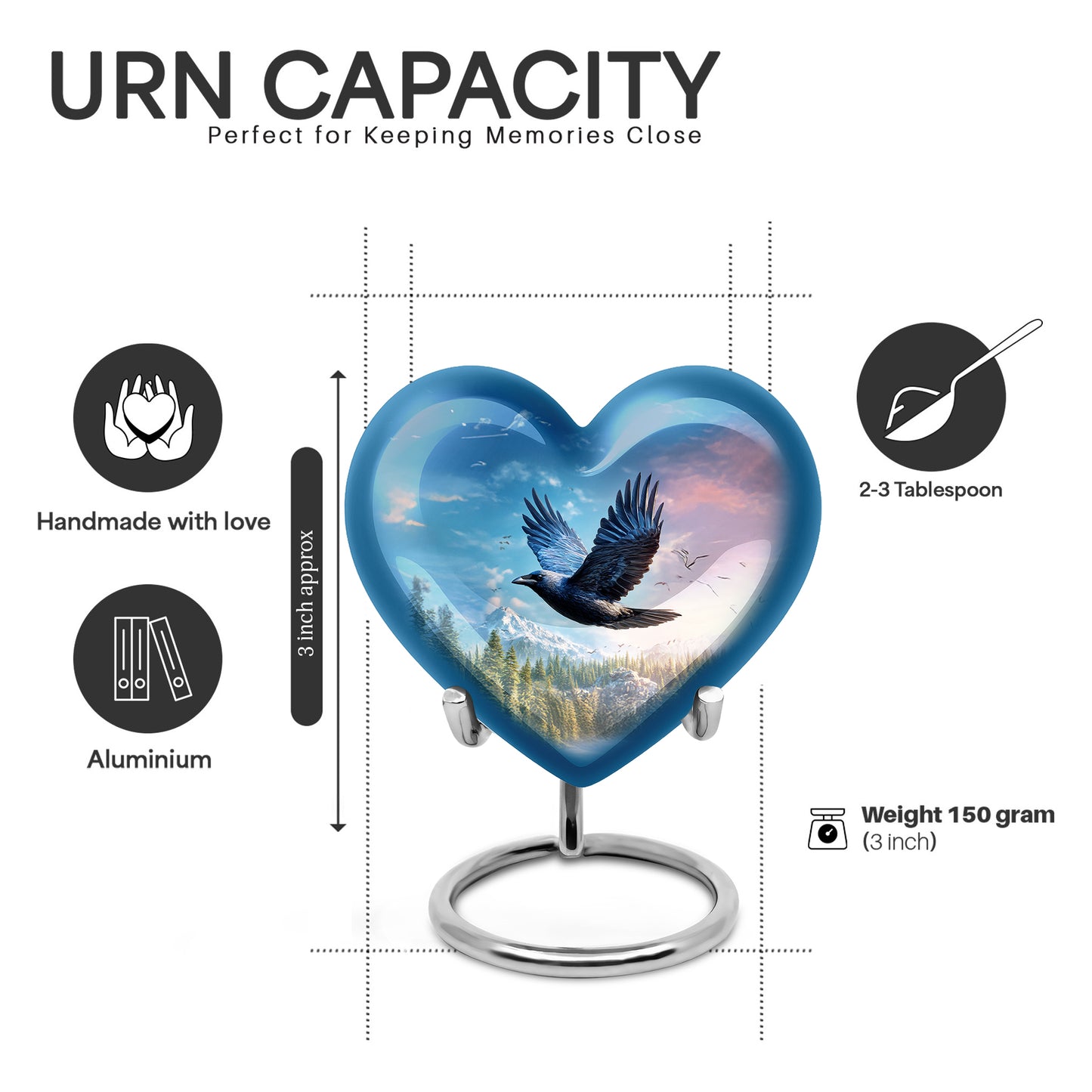 Navy Blue Crow Cremation Urn front view showing detailed design - heart-shaped crow design symbolizing eternal love - mini keepsake memorial for portion of cremation ashes