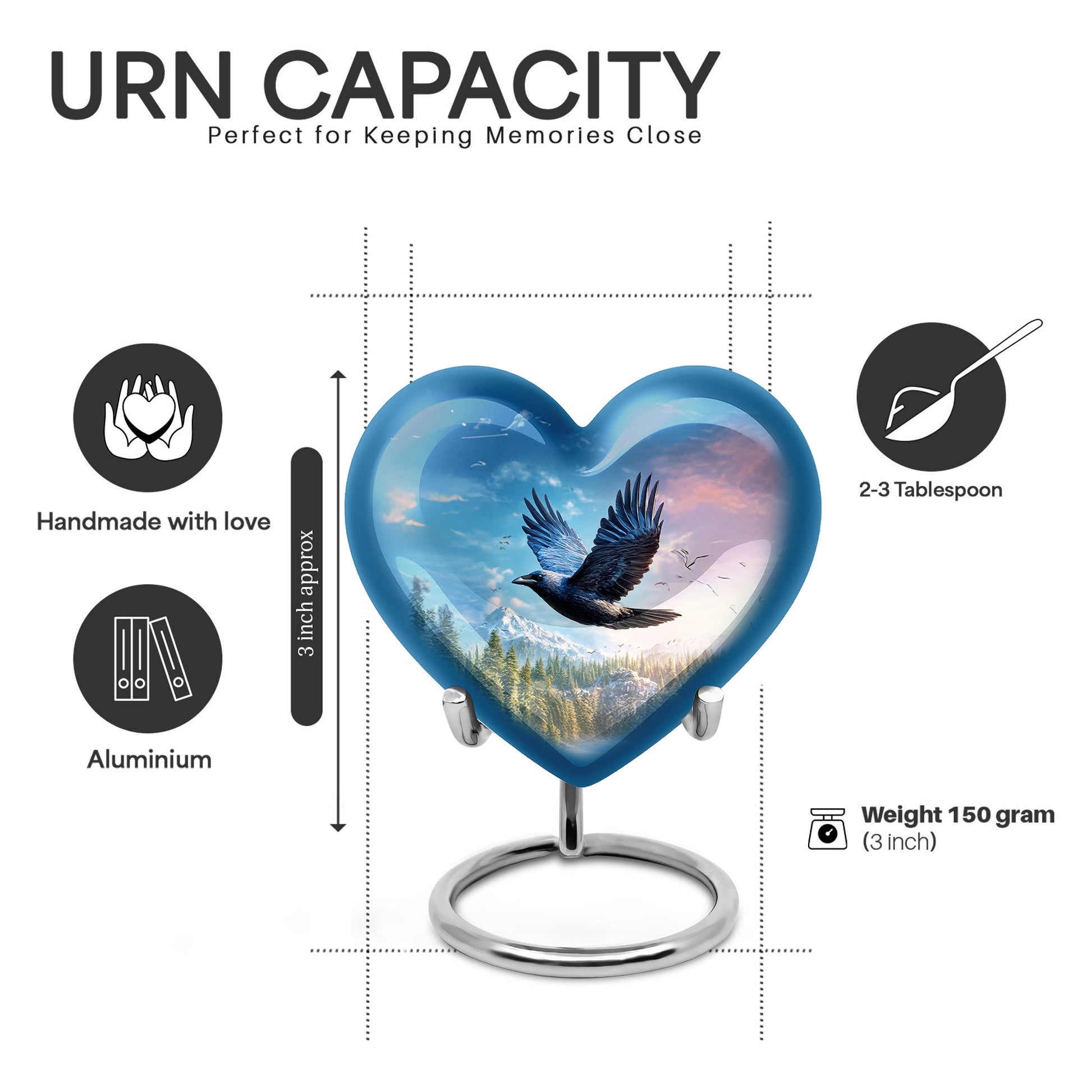Navy Blue Crow Cremation Urn front view showing detailed design - heart-shaped crow design symbolizing eternal love - mini keepsake memorial for portion of cremation ashes