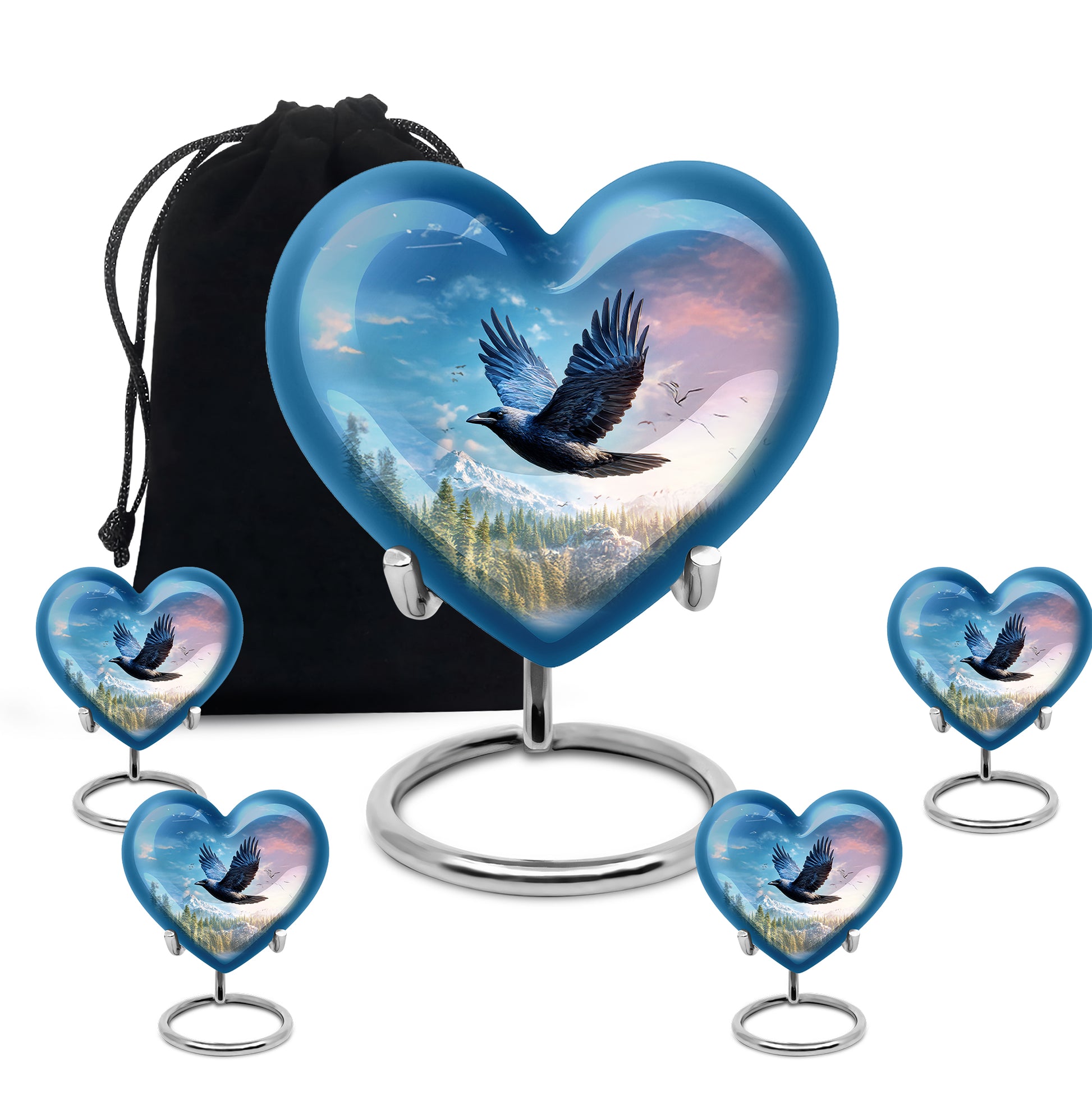 Twilight Blue Crow Cremation Urn close-up of engraving and surface detail - compassionate heart-crow combination with gentle curves - memorial set with one large and four small urns