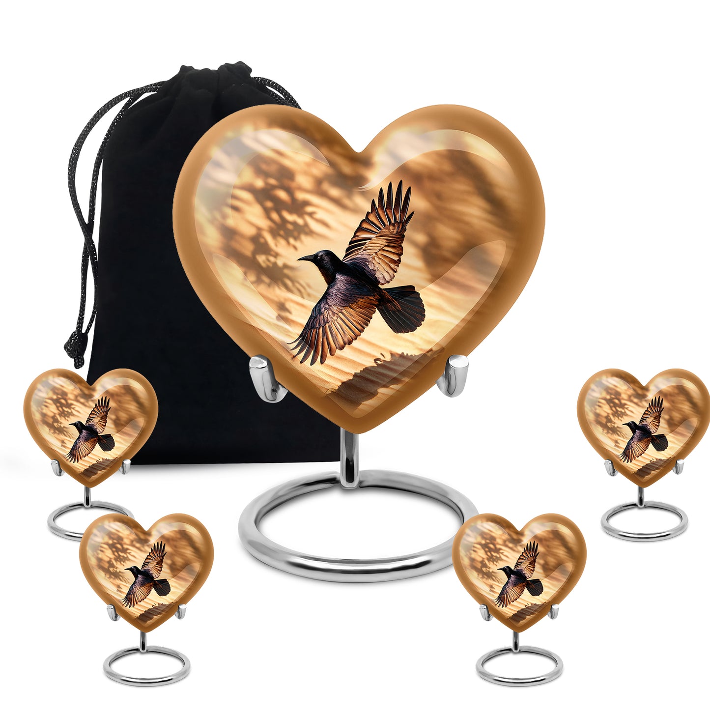 Sunrise Gold Crow Cremation Urn close-up of engraving and surface detail - loving heart memorial featuring crow pattern - memorial set with one large and four small urns