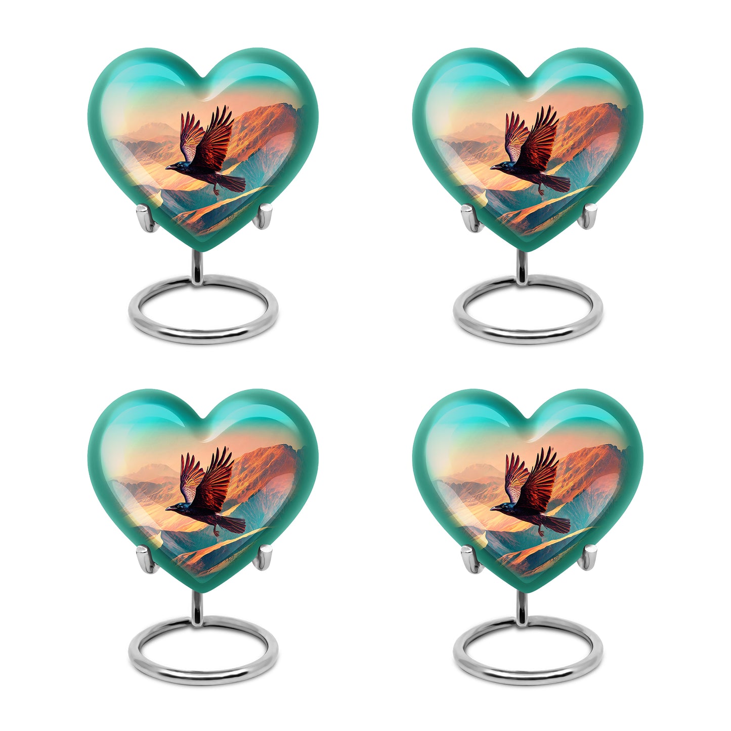 Deep Teal Crow Cremation Urn angled view of lid and engraved motif - compassionate heart-crow combination with gentle curves - 10 inch aluminum urn for cremated remains