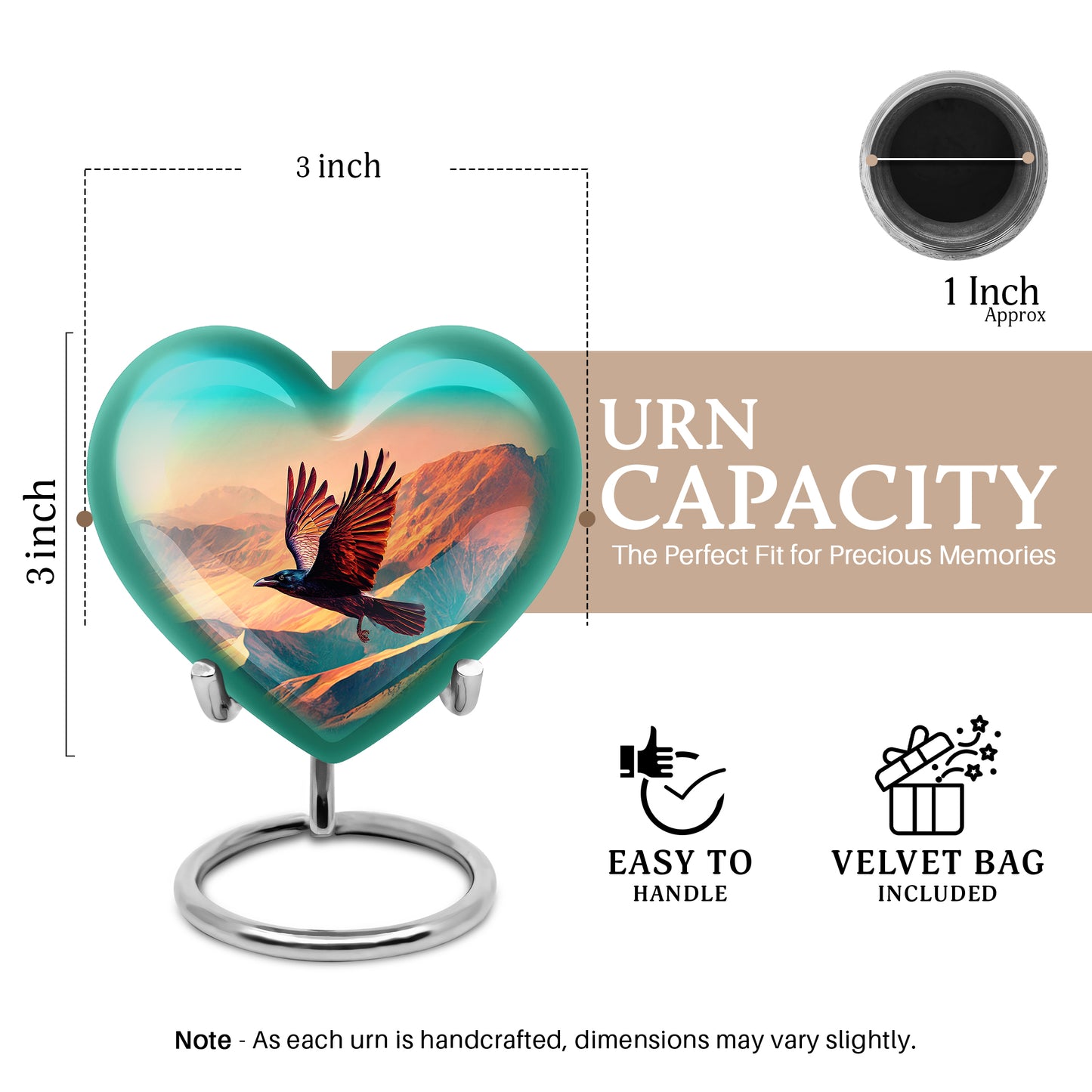 Aqua Teal Crow Cremation Urn front view showing detailed design - compassionate heart-crow combination with gentle curves - mini keepsake memorial for portion of cremation ashes