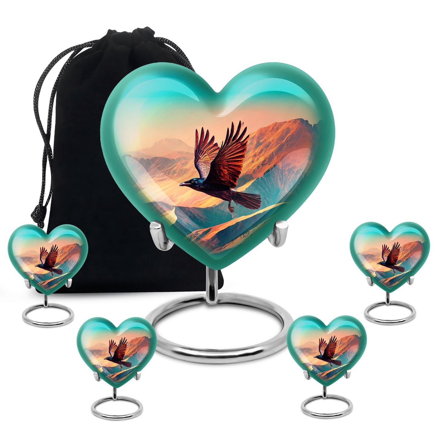 Mystic Teal Crow Cremation Urn close-up of engraving and surface detail - romantic heart urn with crow motif on aluminum - memorial set with one large and four small urns