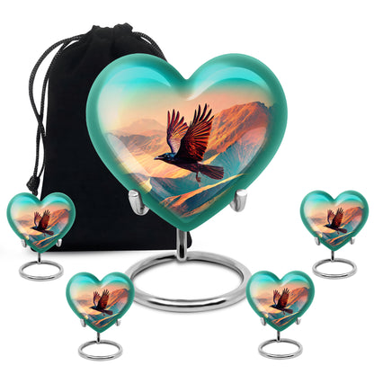 Mystic Teal Crow Cremation Urn close-up of engraving and surface detail - romantic heart urn with crow motif on aluminum - memorial set with one large and four small urns