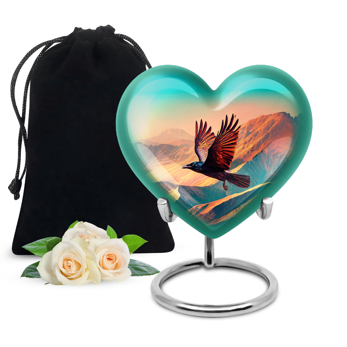 Sea Green Teal Crow Cremation Urn detail view - loving heart memorial featuring crow pattern - full-size 10 inch 200 cubic inch adult cremation urn