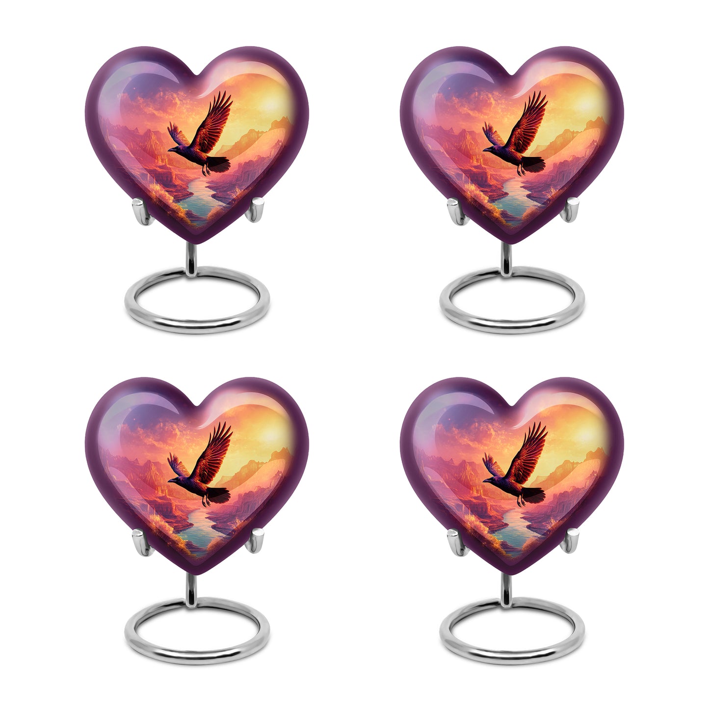 Plum Purple Crow Cremation Urn angled view of lid and engraved motif - heart-shaped crow design symbolizing eternal love - 10 inch aluminum urn for cremated remains