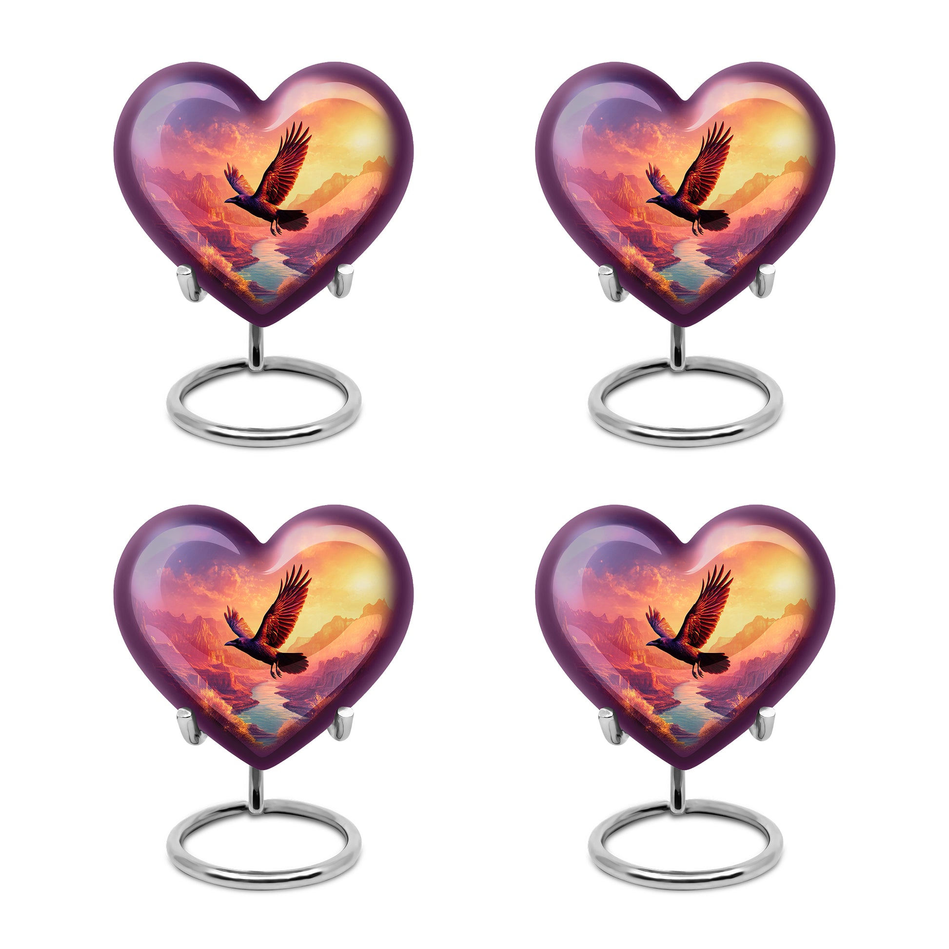 Plum Purple Crow Cremation Urn angled view of lid and engraved motif - heart-shaped crow design symbolizing eternal love - 10 inch aluminum urn for cremated remains