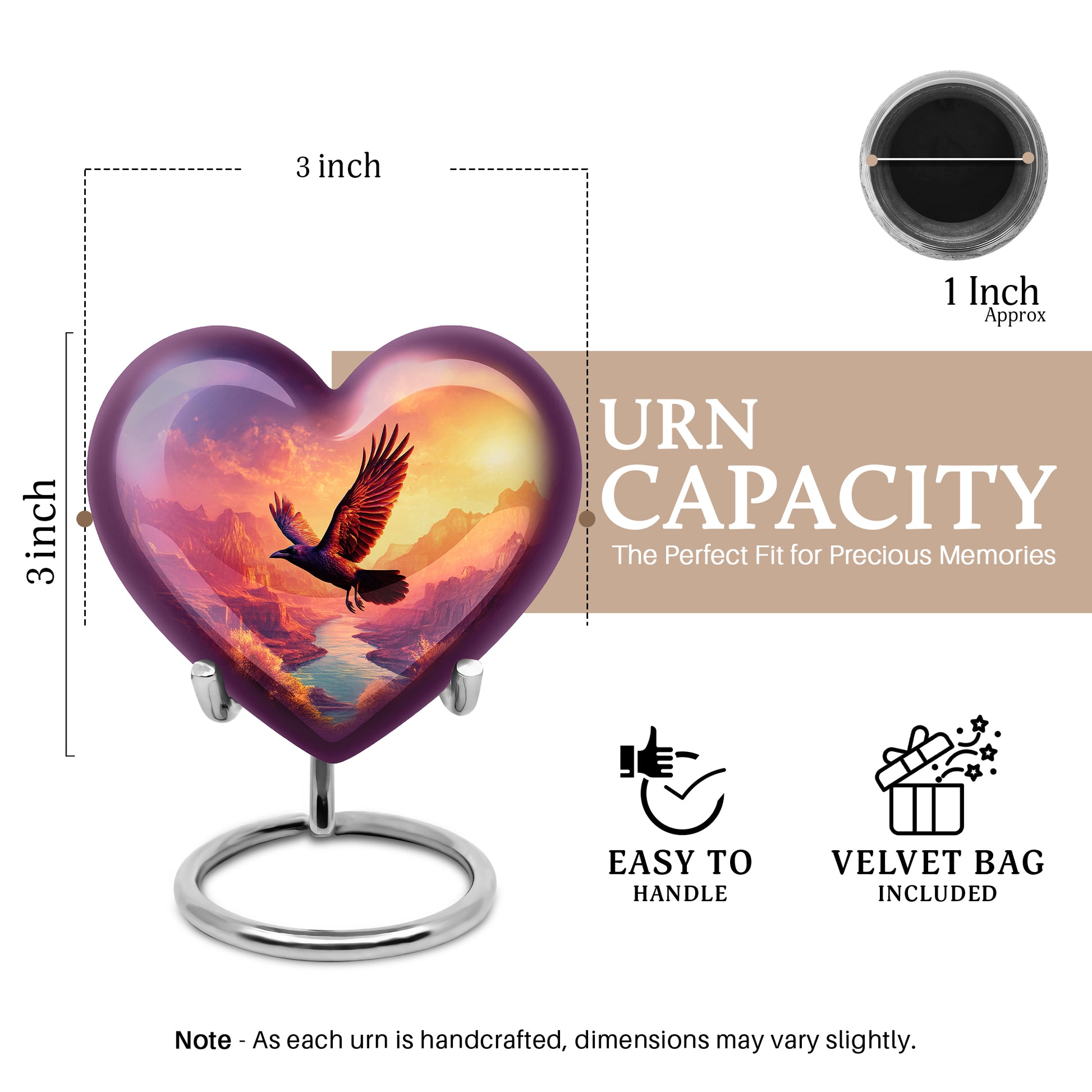 Royal Purple Crow Cremation Urn front view showing detailed design - compassionate heart-crow combination with gentle curves - mini keepsake memorial for portion of cremation ashes