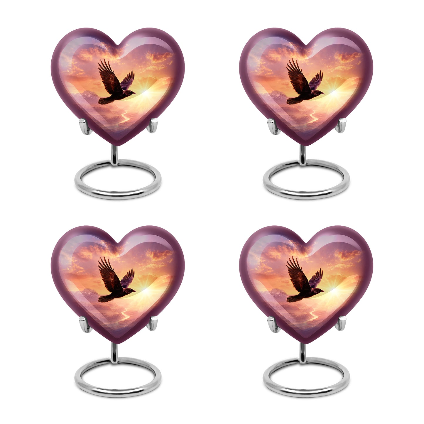 Pastel Pink Crow Cremation Urn angled view of lid and engraved motif - loving heart memorial featuring crow pattern - 10 inch aluminum urn for cremated remains