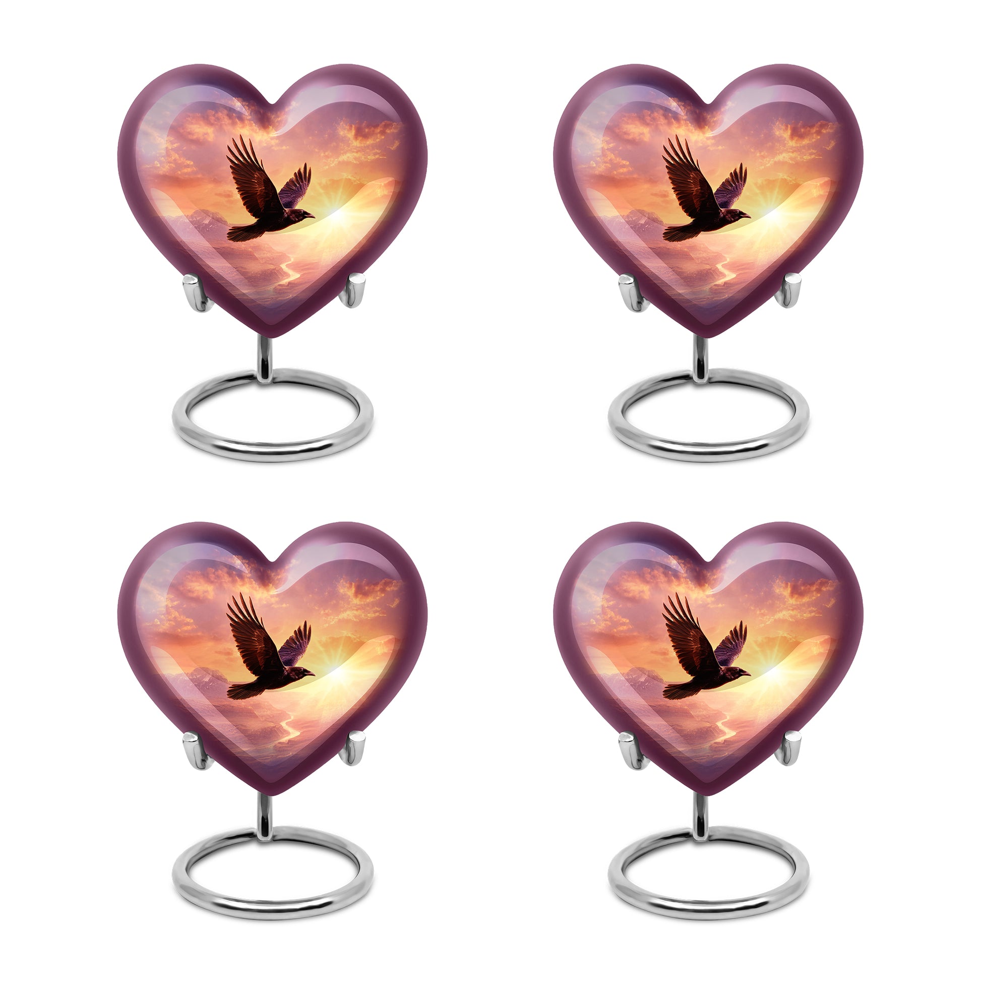 Pastel Pink Crow Cremation Urn angled view of lid and engraved motif - loving heart memorial featuring crow pattern - 10 inch aluminum urn for cremated remains