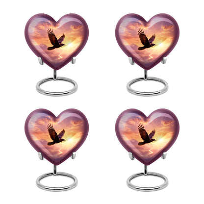 Pastel Pink Crow Cremation Urn angled view of lid and engraved motif - loving heart memorial featuring crow pattern - 10 inch aluminum urn for cremated remains