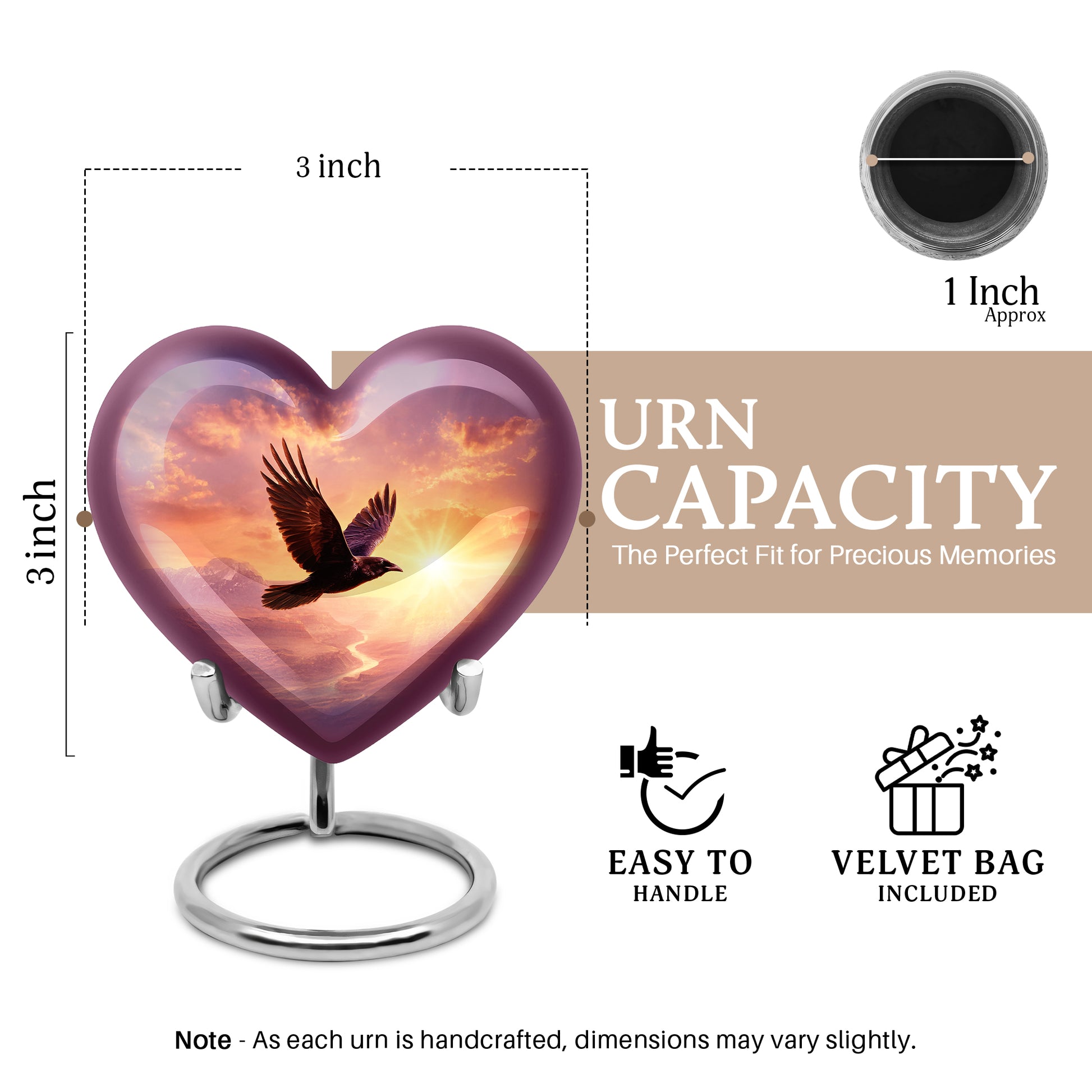 Petal Pink Crow Cremation Urn front view showing detailed design - romantic heart urn with crow motif on aluminum - mini keepsake memorial for portion of cremation ashes