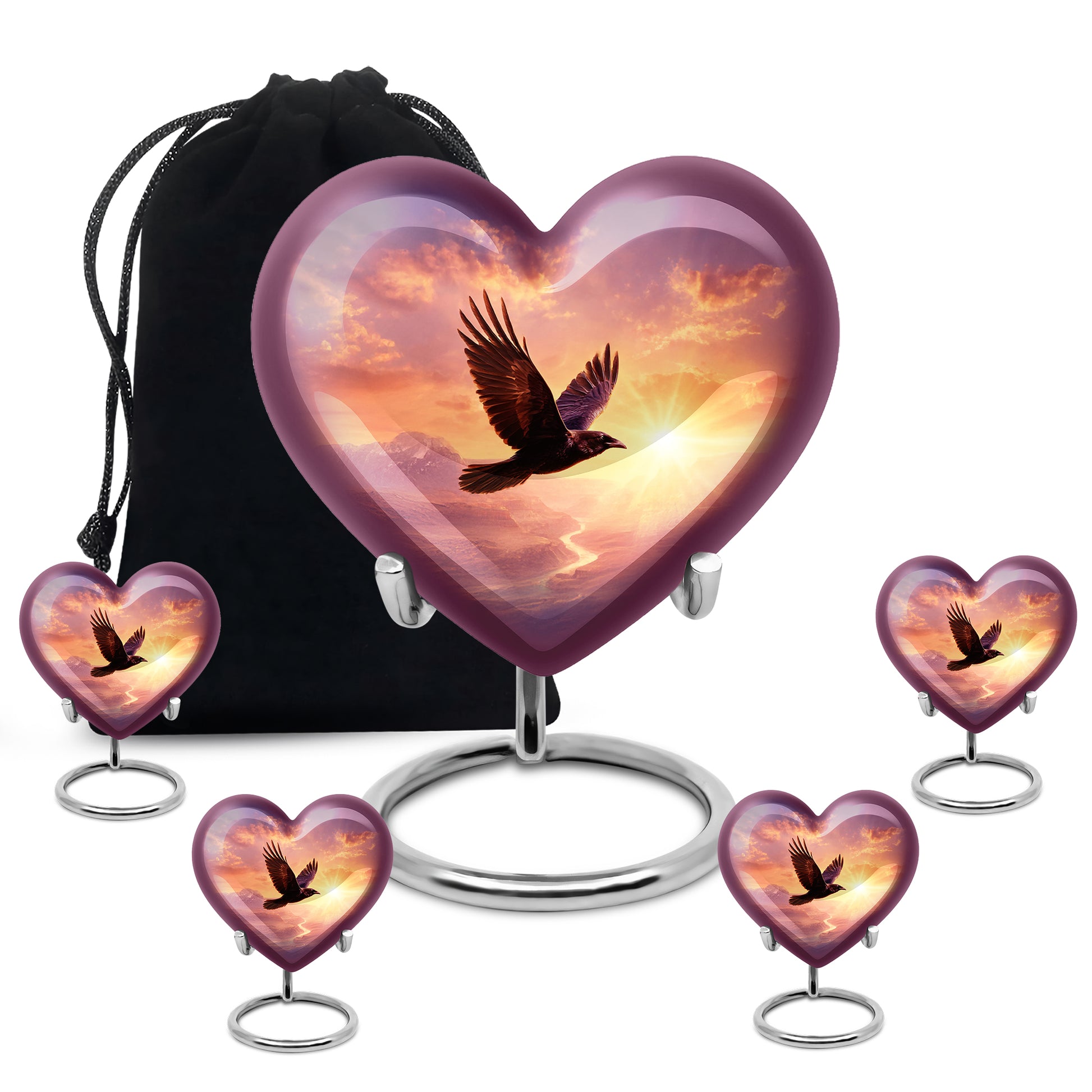 Petal Pink Crow Cremation Urn close-up of engraving and surface detail - romantic heart urn with crow motif on aluminum - memorial set with one large and four small urns