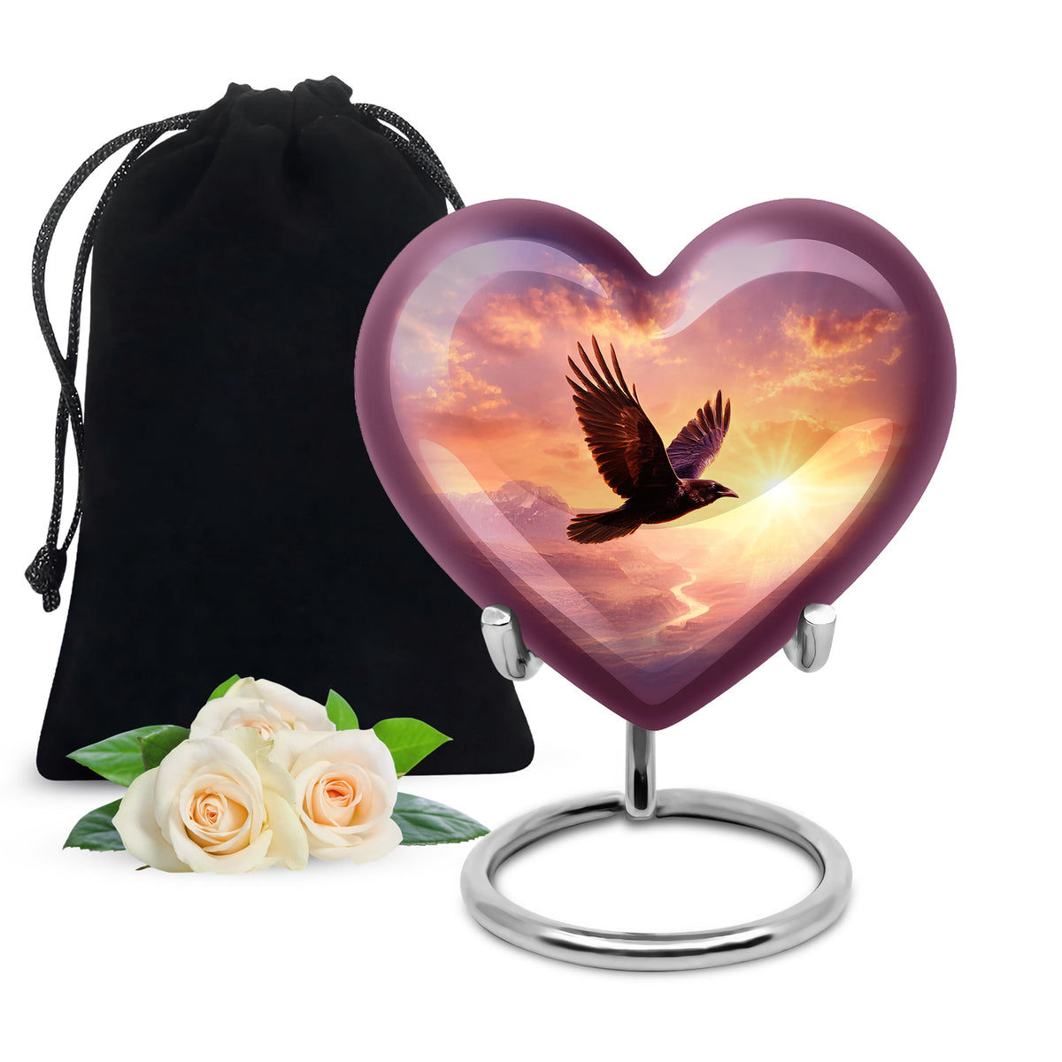 Pastel Pink Crow Cremation Urn detail view - heart-shaped crow design symbolizing eternal love - full-size 10 inch 200 cubic inch adult cremation urn
