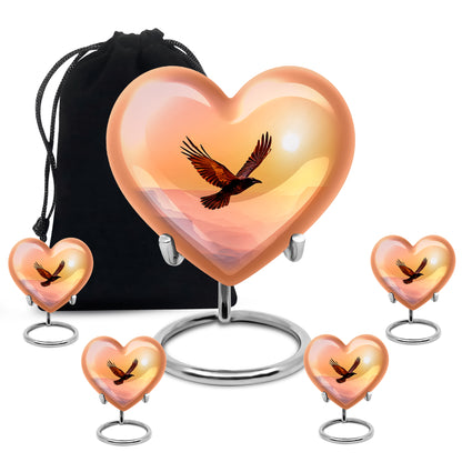 Wine Red Crow Cremation Urn close-up of engraving and surface detail - loving heart memorial featuring crow pattern - memorial set with one large and four small urns