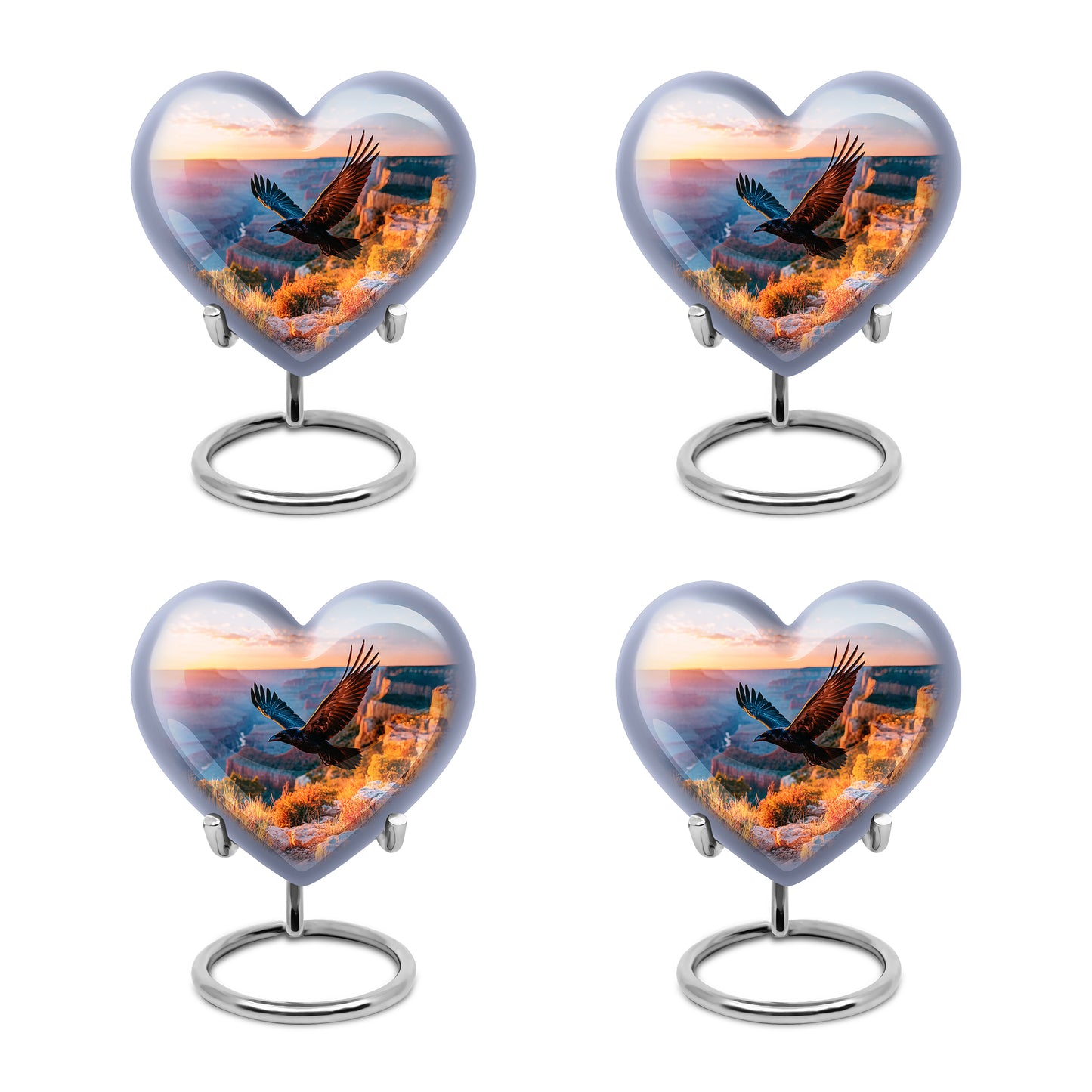 Dusty Blue Crow Cremation Urn angled view of lid and engraved motif - heart-shaped crow design symbolizing eternal love - 10 inch aluminum urn for cremated remains