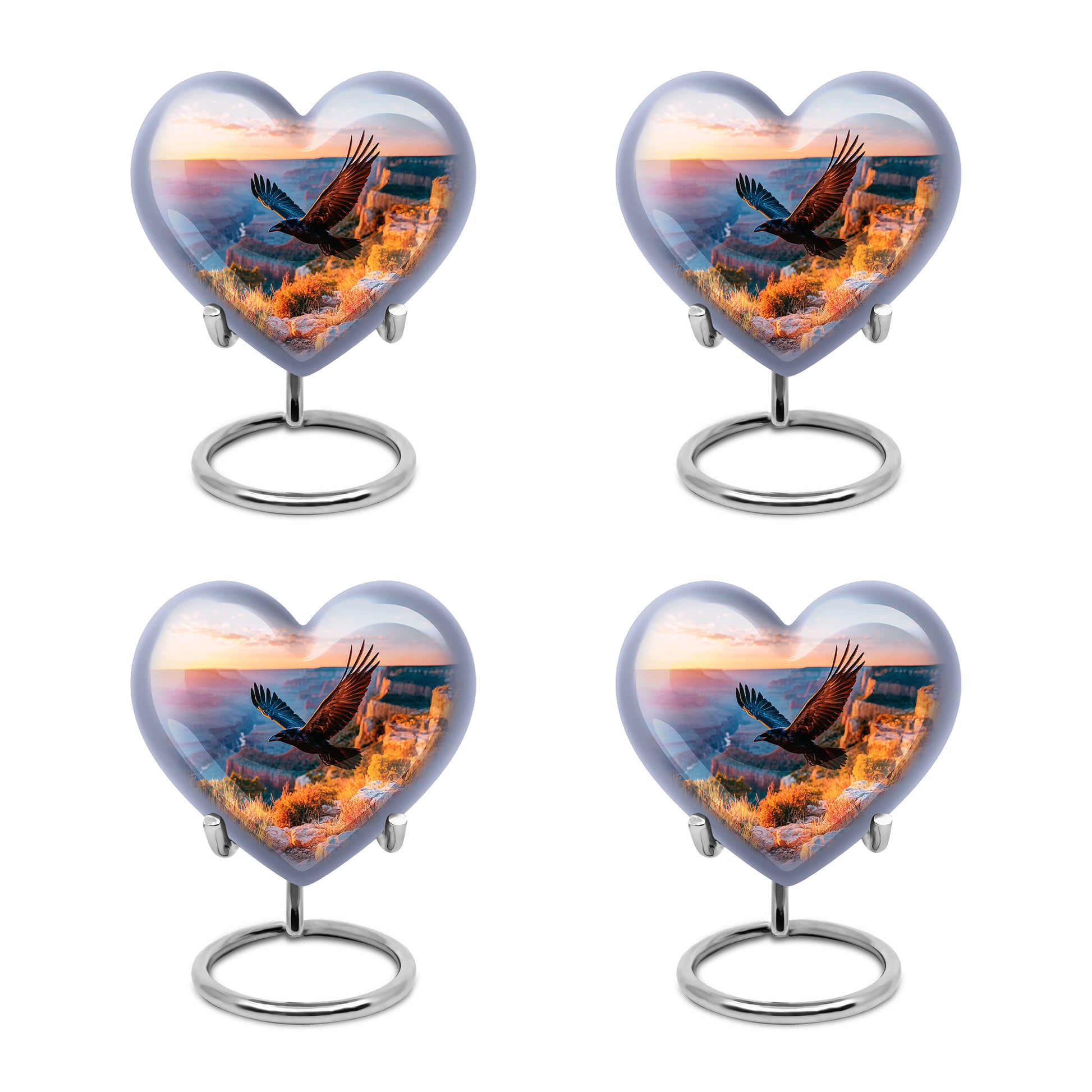 Dusty Blue Crow Cremation Urn angled view of lid and engraved motif - heart-shaped crow design symbolizing eternal love - 10 inch aluminum urn for cremated remains