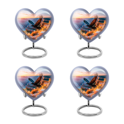 Dusty Blue Crow Cremation Urn angled view of lid and engraved motif - heart-shaped crow design symbolizing eternal love - 10 inch aluminum urn for cremated remains