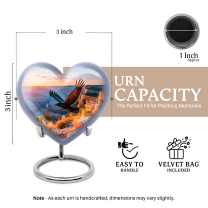 Steel Blue Crow Cremation Urn front view showing detailed design - romantic heart urn with crow motif on aluminum - mini keepsake memorial for portion of cremation ashes
