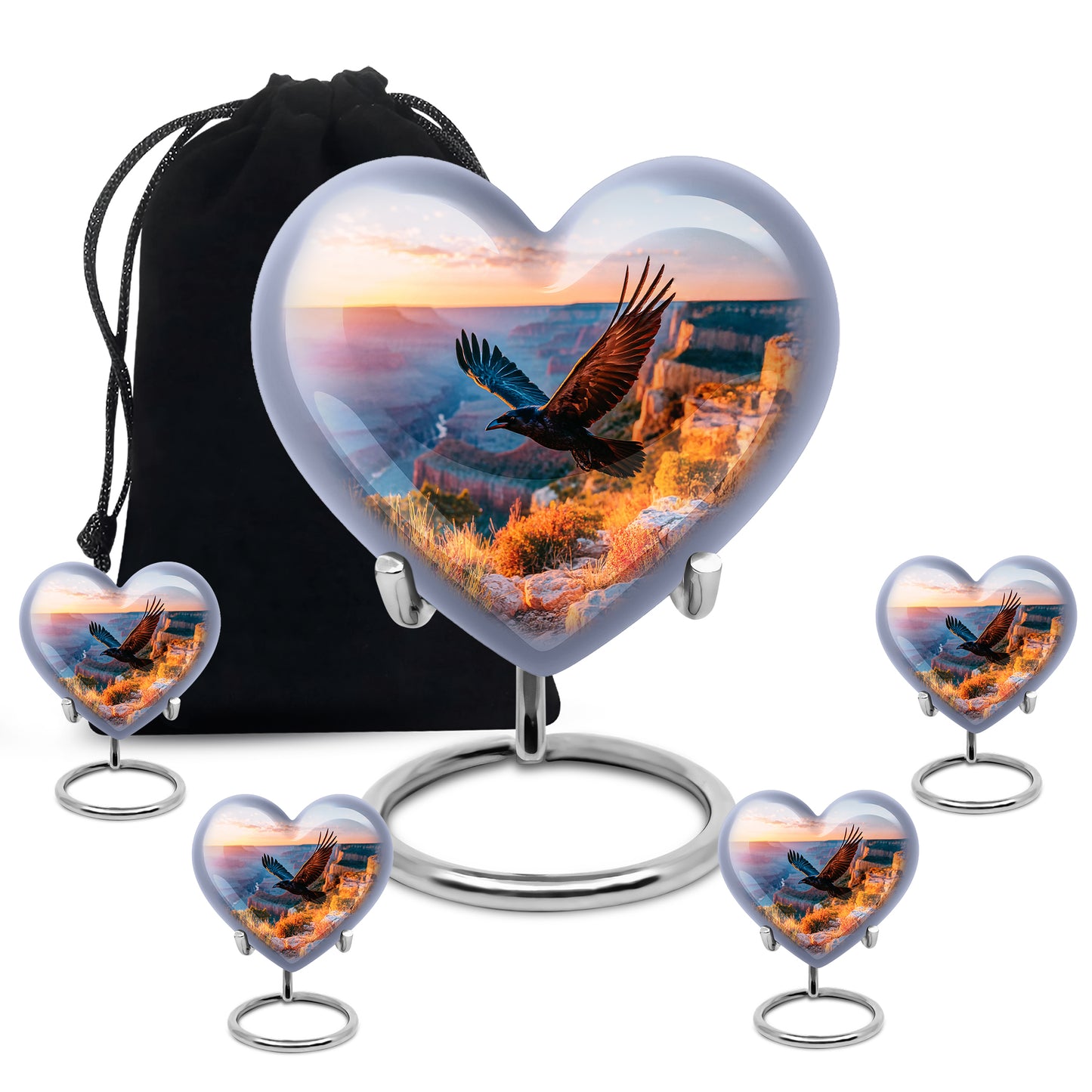 Serene Blue Crow Cremation Urn close-up of engraving and surface detail - compassionate heart-crow combination with gentle curves - memorial set with one large and four small urns
