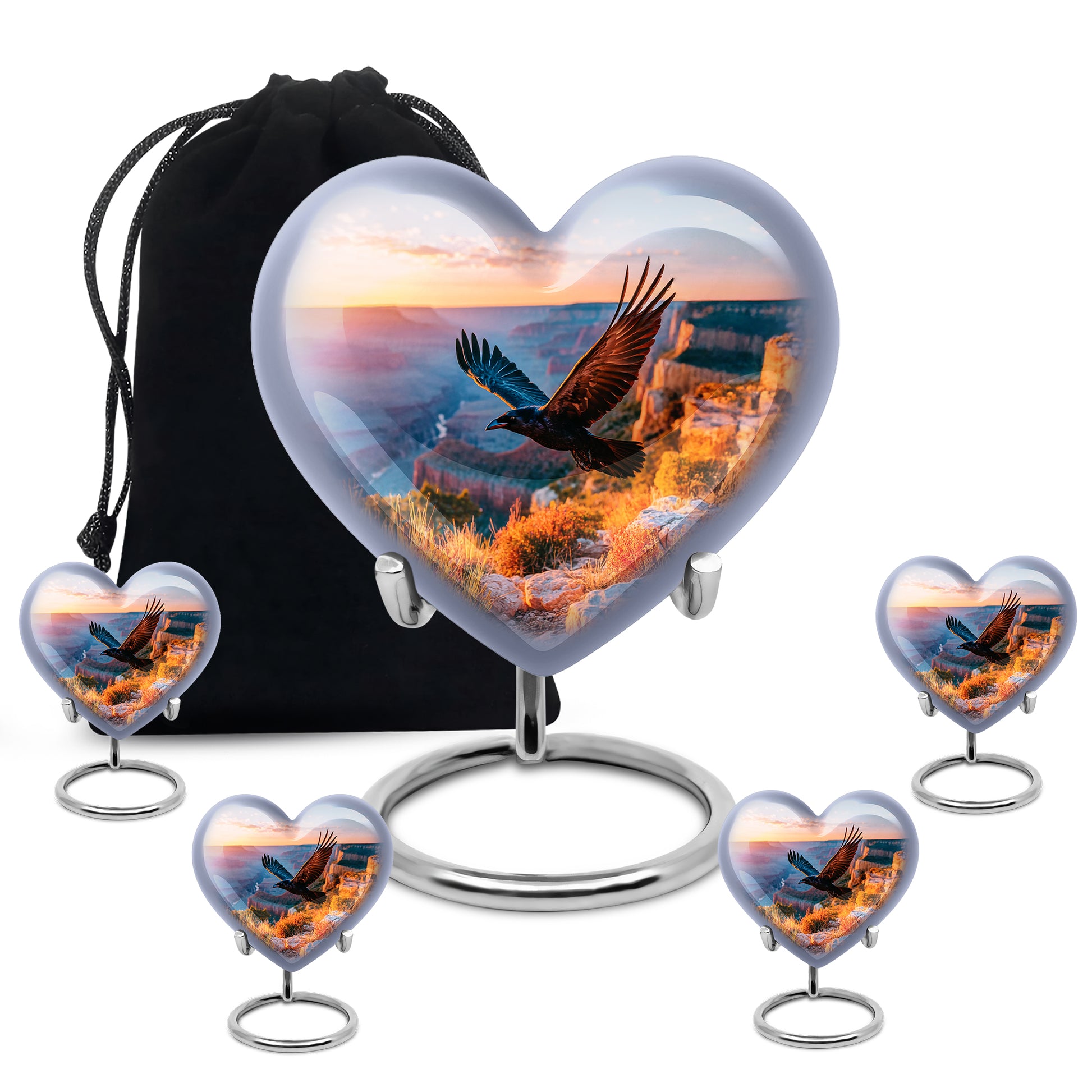 Serene Blue Crow Cremation Urn close-up of engraving and surface detail - compassionate heart-crow combination with gentle curves - memorial set with one large and four small urns