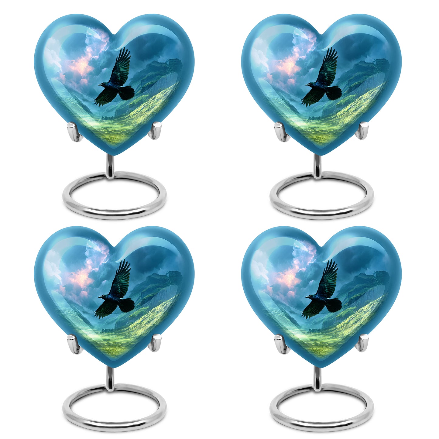 Pastel Blue Crow Cremation Urn angled view of lid and engraved motif - loving heart memorial featuring crow pattern - 10 inch aluminum urn for cremated remains