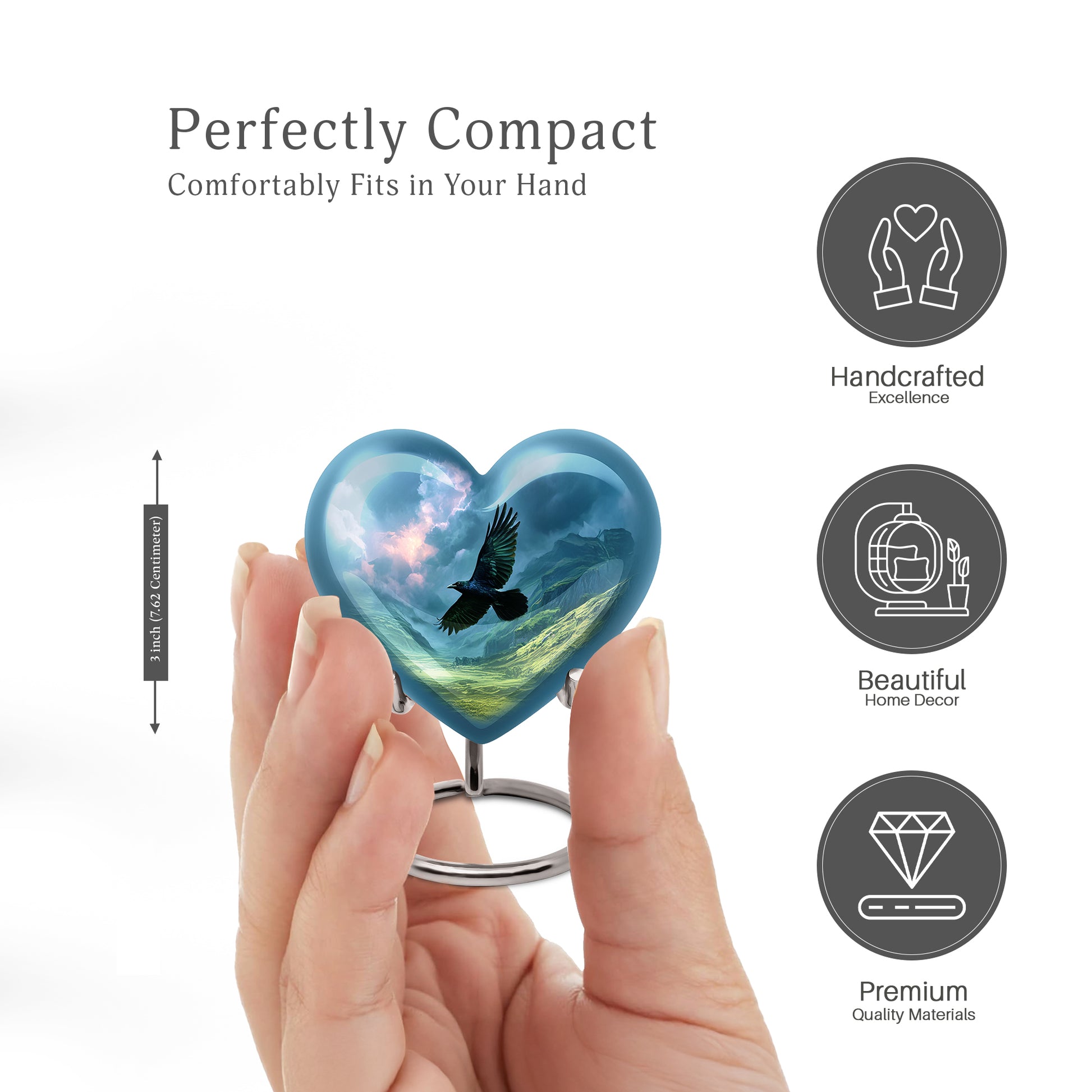 Icy Blue Crow Cremation Urn front view showing detailed design - heart-shaped crow design symbolizing eternal love - mini keepsake memorial for portion of cremation ashes