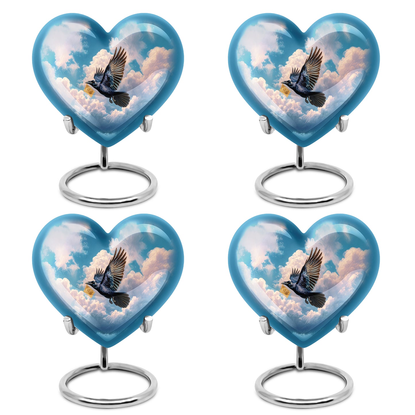 Indigo Crow Cremation Urn angled view of lid and engraved motif - loving heart memorial featuring crow pattern - 10 inch aluminum urn for cremated remains