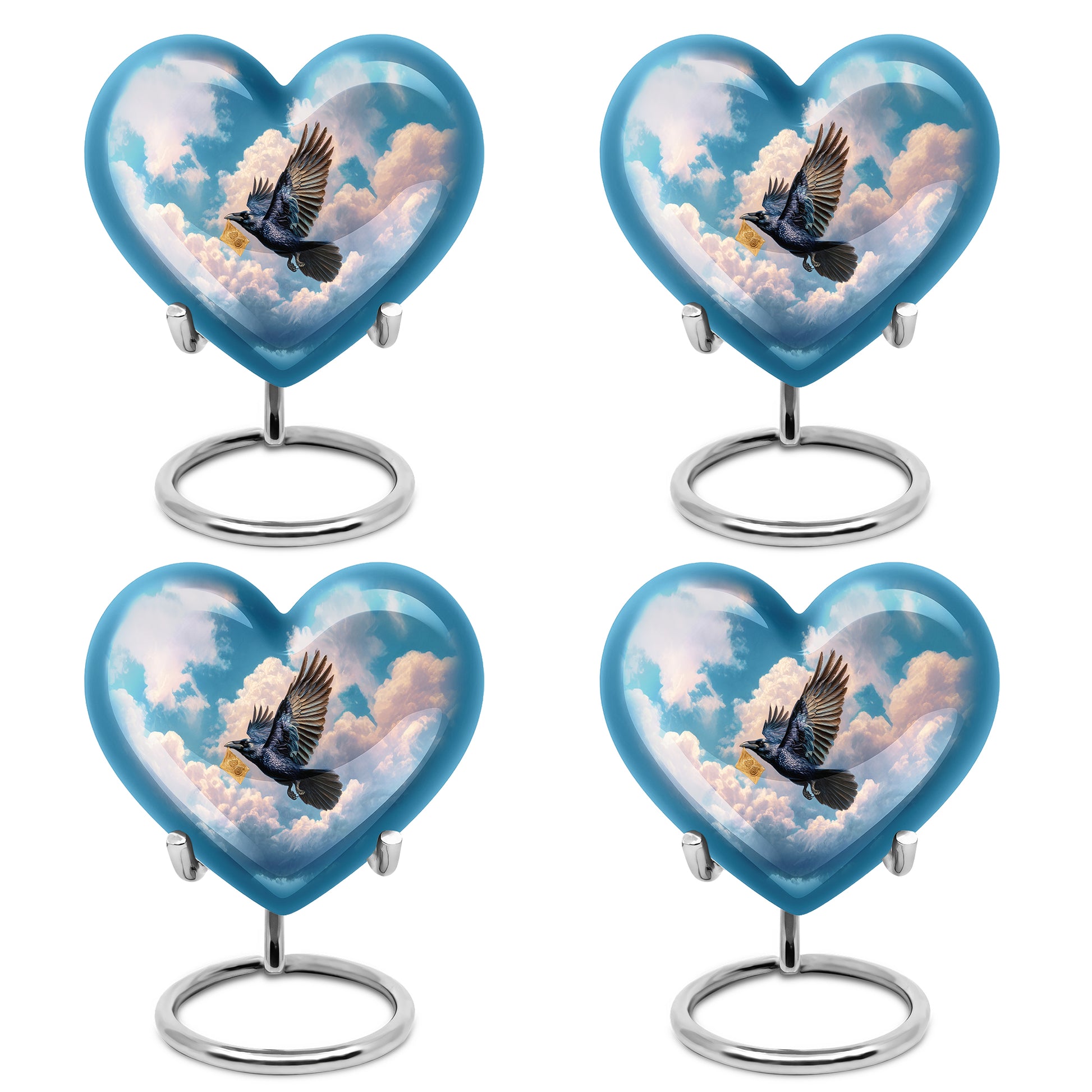 Indigo Crow Cremation Urn angled view of lid and engraved motif - loving heart memorial featuring crow pattern - 10 inch aluminum urn for cremated remains