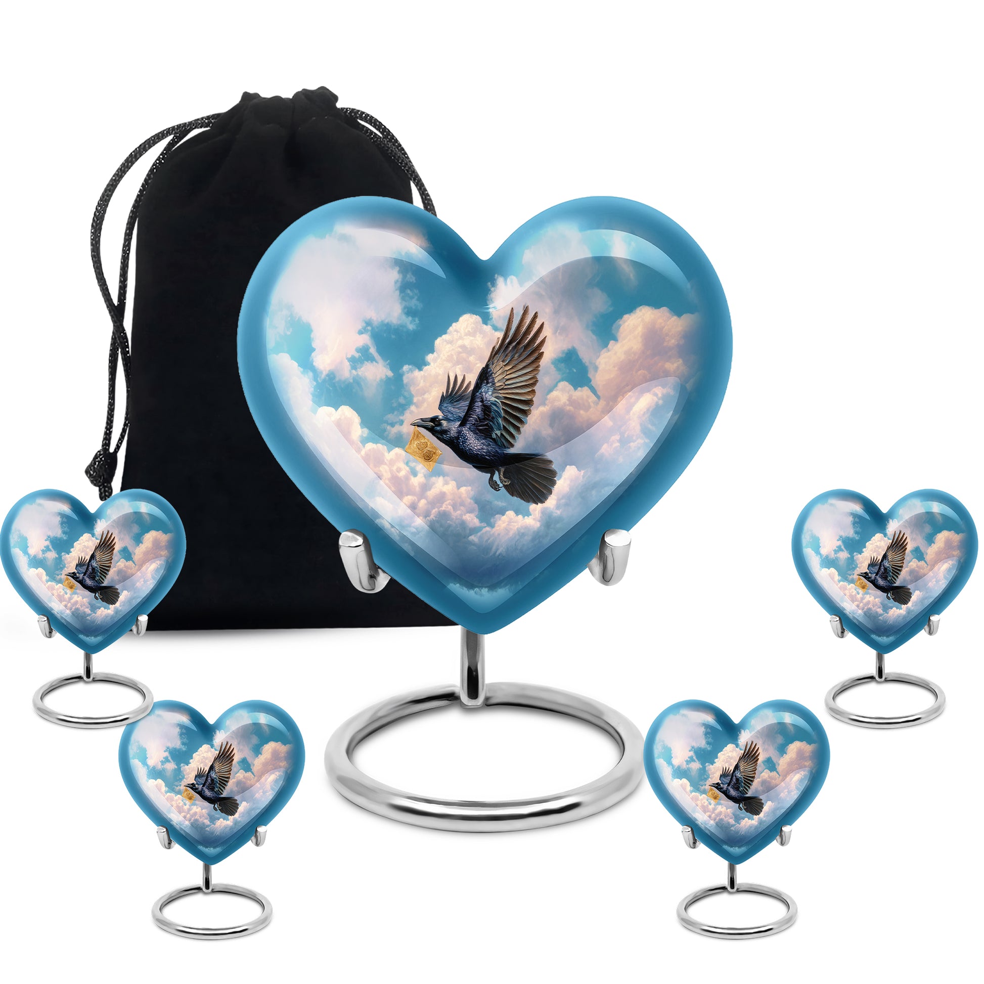 Azure Crow Cremation Urn close-up of engraving and surface detail - heart-shaped crow design symbolizing eternal love - memorial set with one large and four small urns