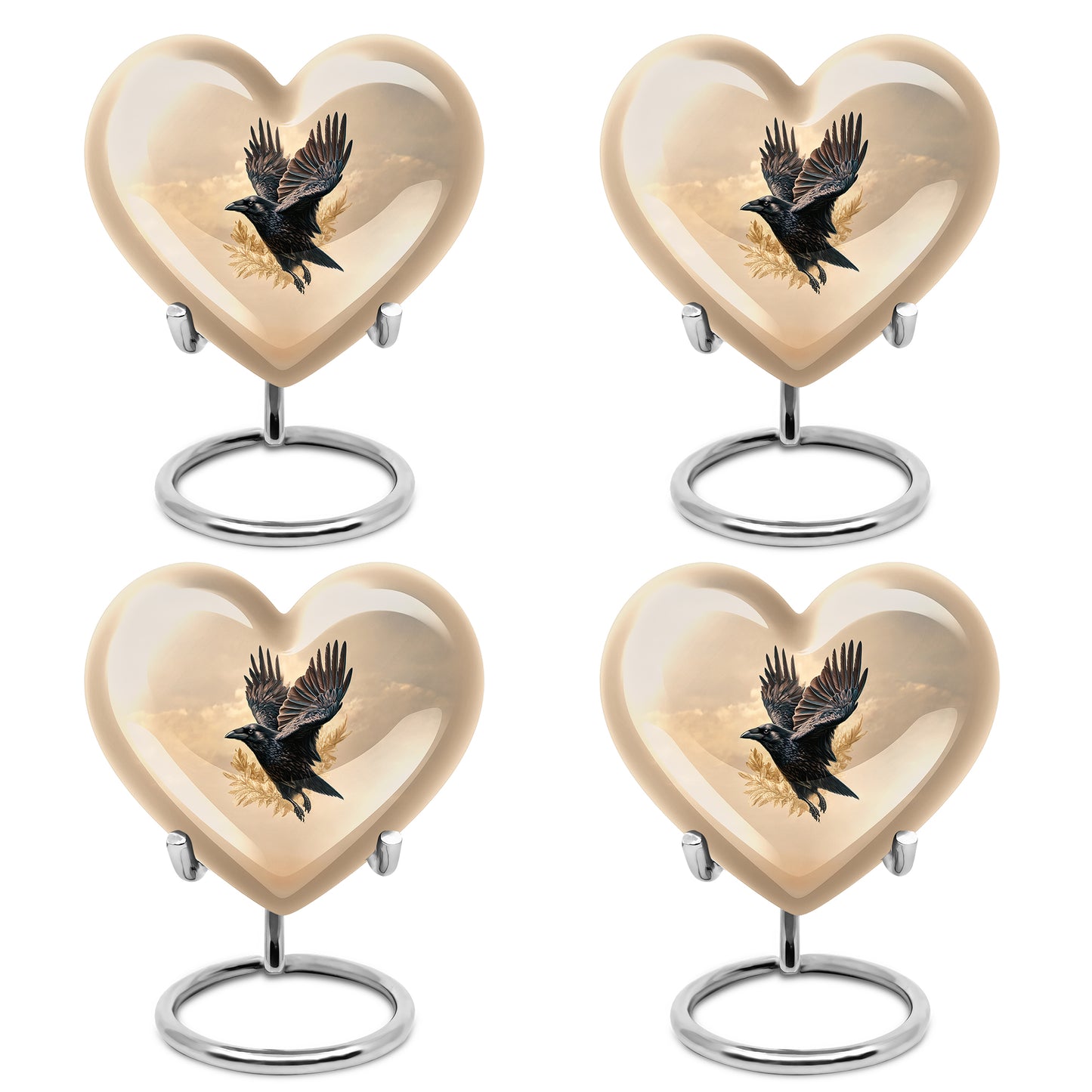 Antique Gold Crow Cremation Urn angled view of lid and engraved motif - heart-shaped crow design symbolizing eternal love - 10 inch aluminum urn for cremated remains